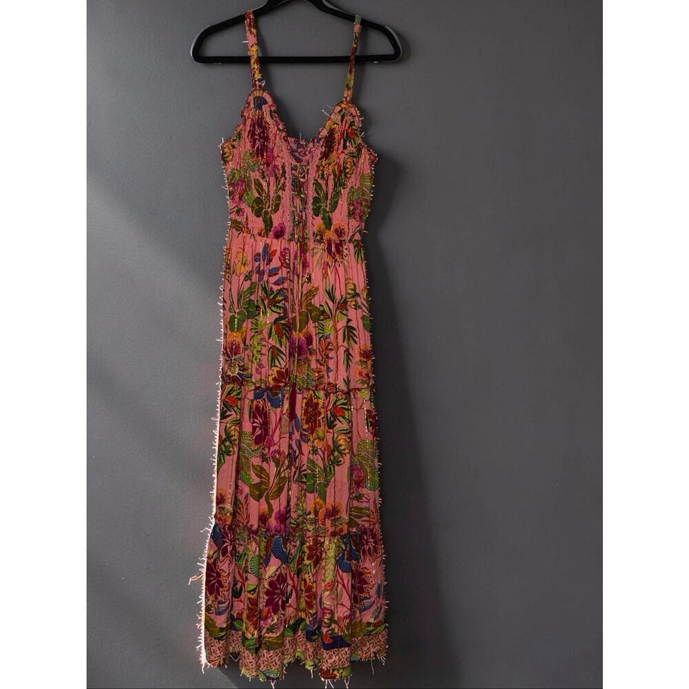 One 2 Magic Pink Tropical Floral Maxi Dress Smocked Corset Boho Size M - Picture 7 of 10